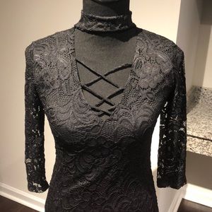 Lace-up Black Long Sleeve Floral Choker Dress - S